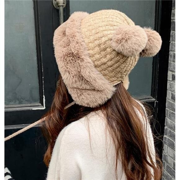 Winter Pompom Beanie Hats for Women Fluffy Knit Womens Beanie Faux Fur Crochet main image 8